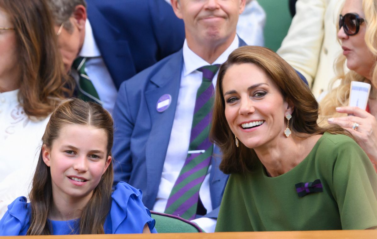 Princess Charlotte of Wales and Catherine, Princess of Wales laugh as they attend day fourteen of the 2026 Wimbledon Tennis Championships 