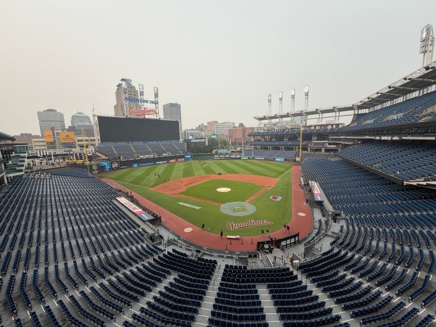 A view from the press box level at Progressive Field in Cleveland, Ohio, Friday, July 17, after the game between the Pittsburgh Pirates and Cleveland Guardians was postponed due to air quality concerns.