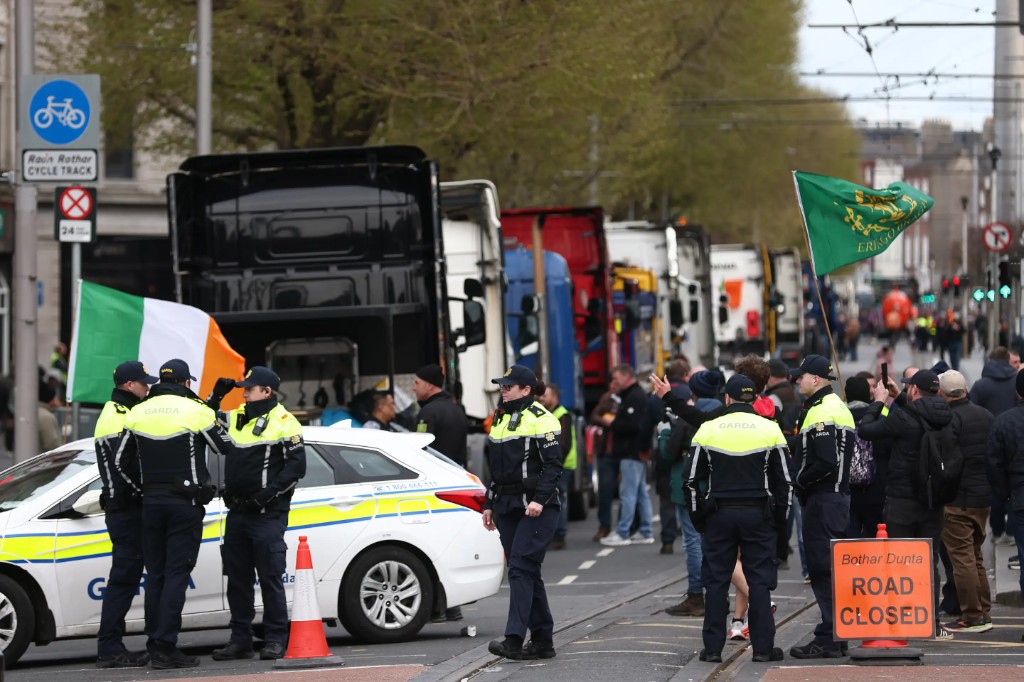 Gardaí and blocked trucks on O’Connell Street during the fuel protests