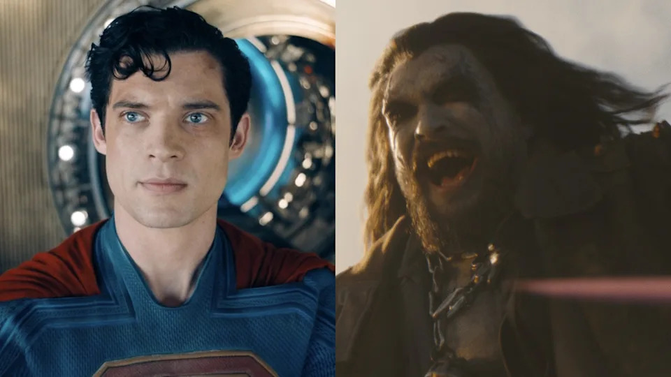 Kal-El (David Corenswet) looks ahead in Superman, while Lobo (Jason Momoa) rides his bike in Supergirl.