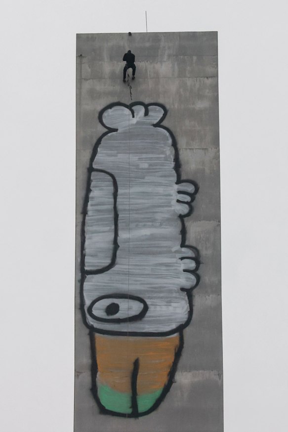 The 20-metre-high Pam the Bird graffitied on the eastern pylon of the Bolte Bridge overnight.