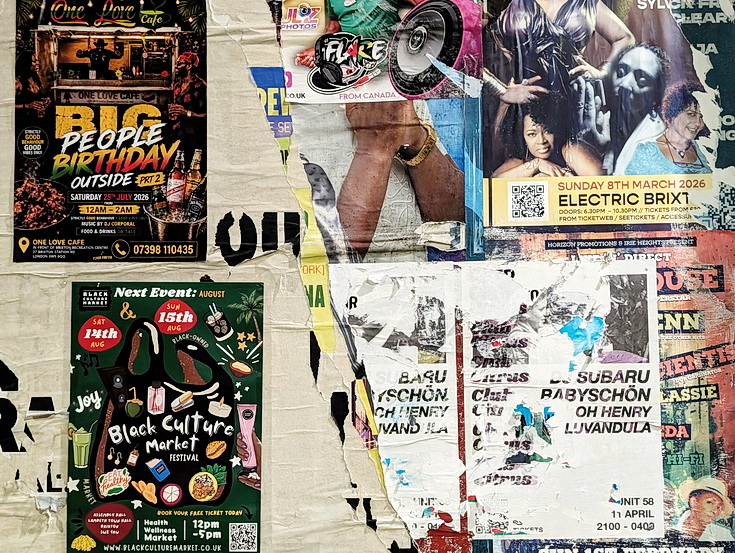 Photo feature: street posters and stickers on the streets of Brixton, July 2026