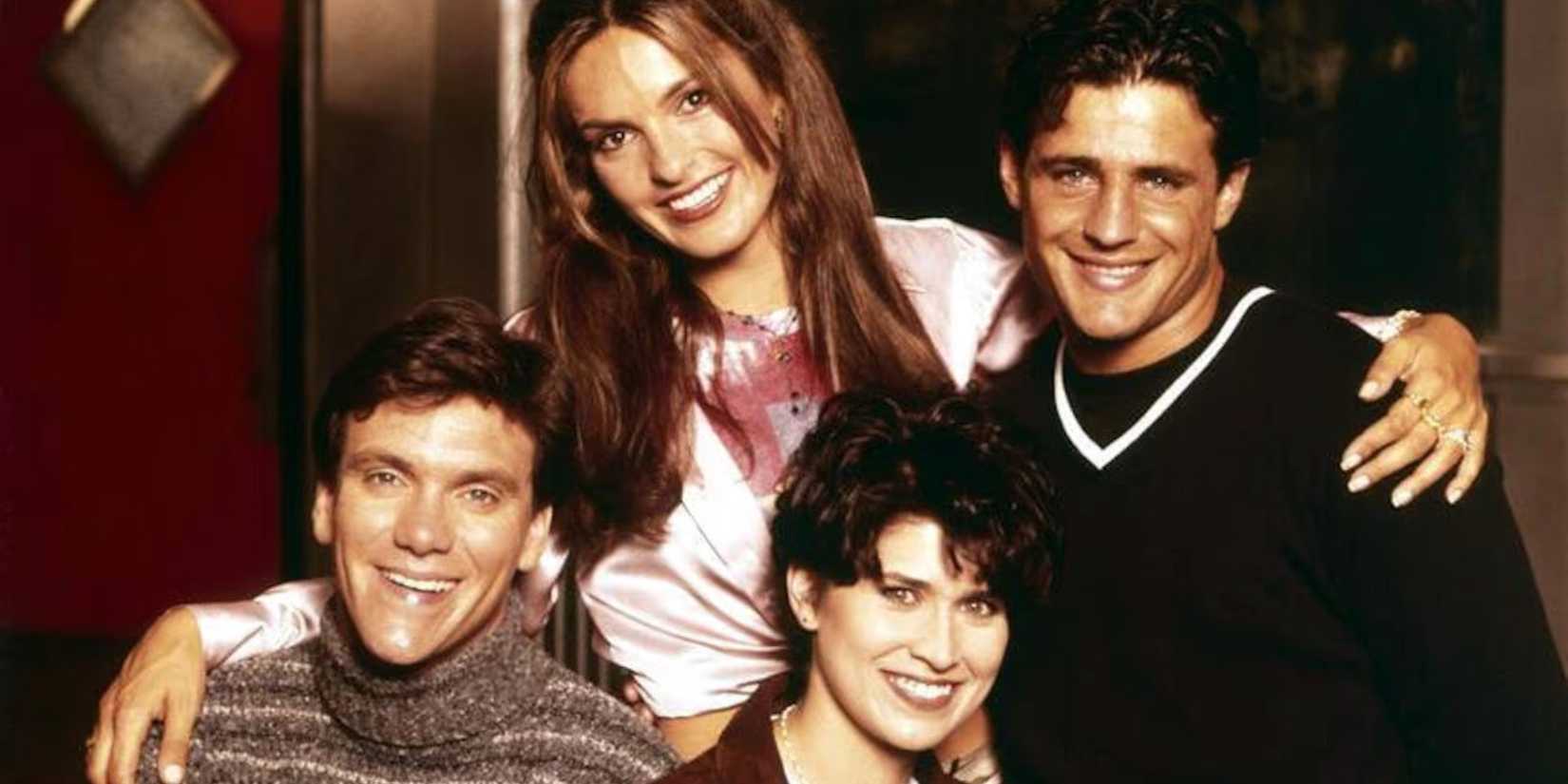 Kevin Crowley as Elliot Tenney, Mariska Hargitay as Didi Edelstein, Nancy McKeon as Annie O'Donnell, and Louis Mandylor as Roger Carlucci in 'Can't Hurry Love.'