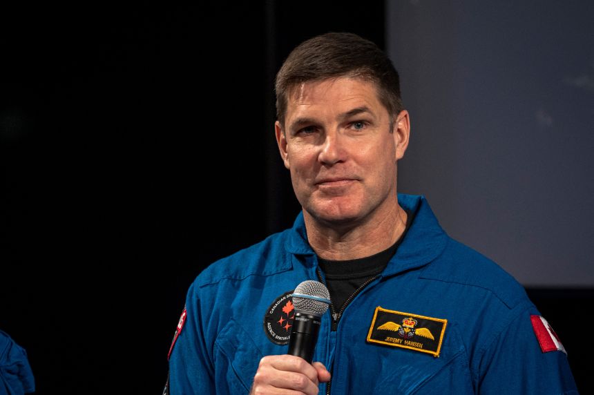 Canadian Space Agency astronaut Jeremy Hansen, Artemis II mission specialist, speaks at CSA headquarters in May.