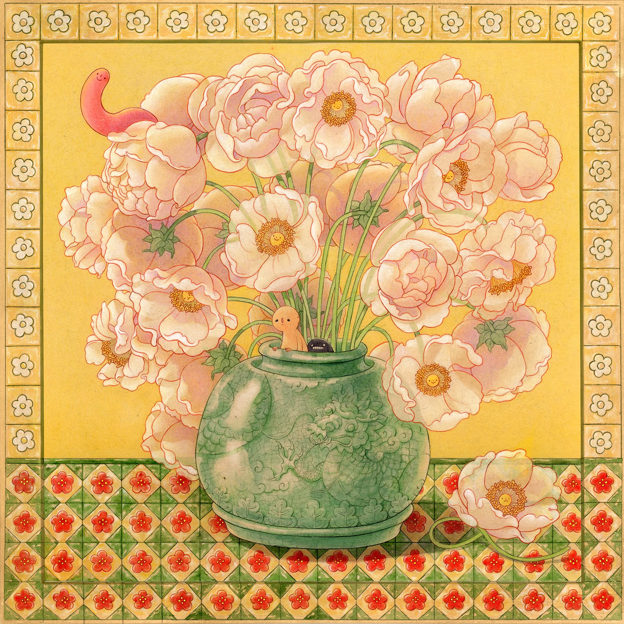 a drawing by Felicia Chiao of a vase of peonies with a small figure peeking out