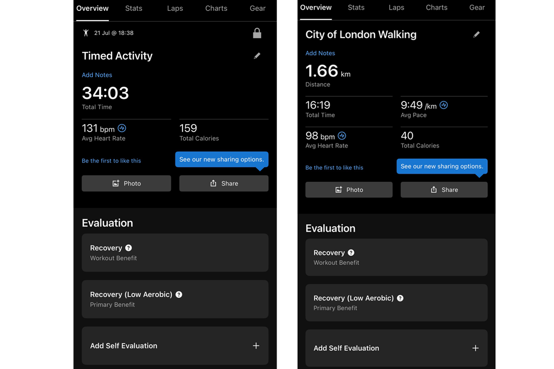I set the cirqa to manually track my cardio class (left) and it automatically detected my lunchtime walk (right)
