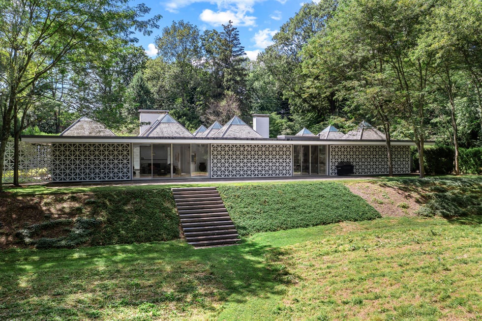 Modern house with unique geometric pattern, surrounded by lush greenery and a clear blue sky.