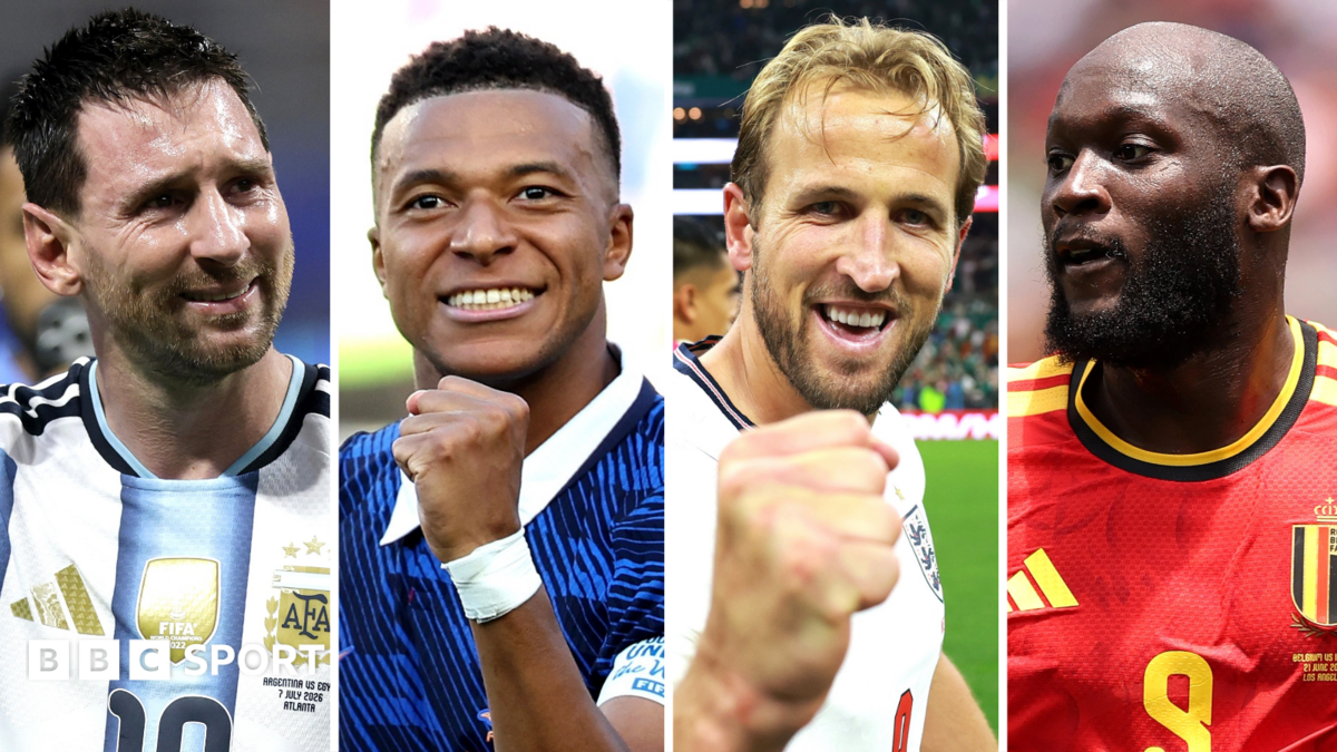 A split image of Lionel Messi, Kylian Mbappe, Harry Kane and Romelu Lukaku