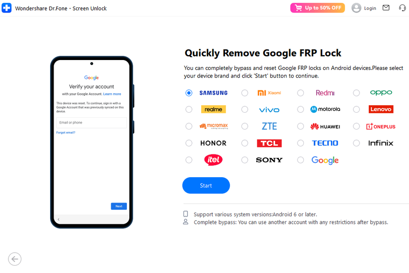 Dr.Fone Unlock, quickly remove Google FRP lock listing of devices
