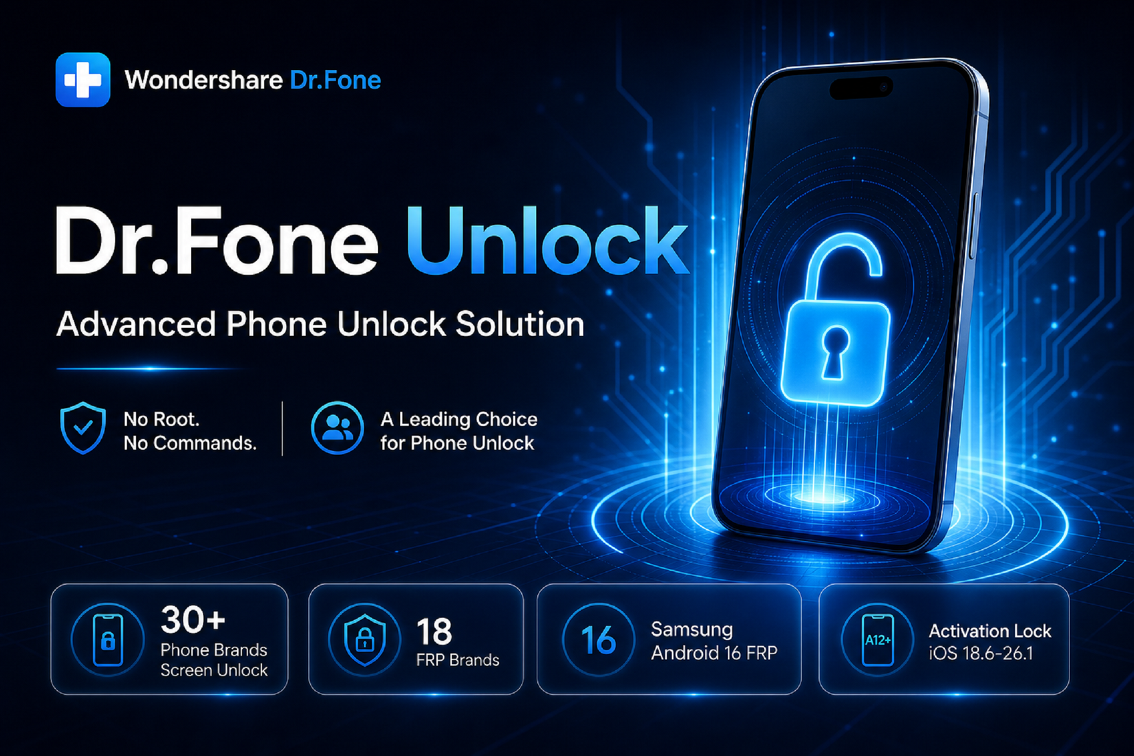 Dr.Fone Unlock features with a cellphone graphic displaying an open lock