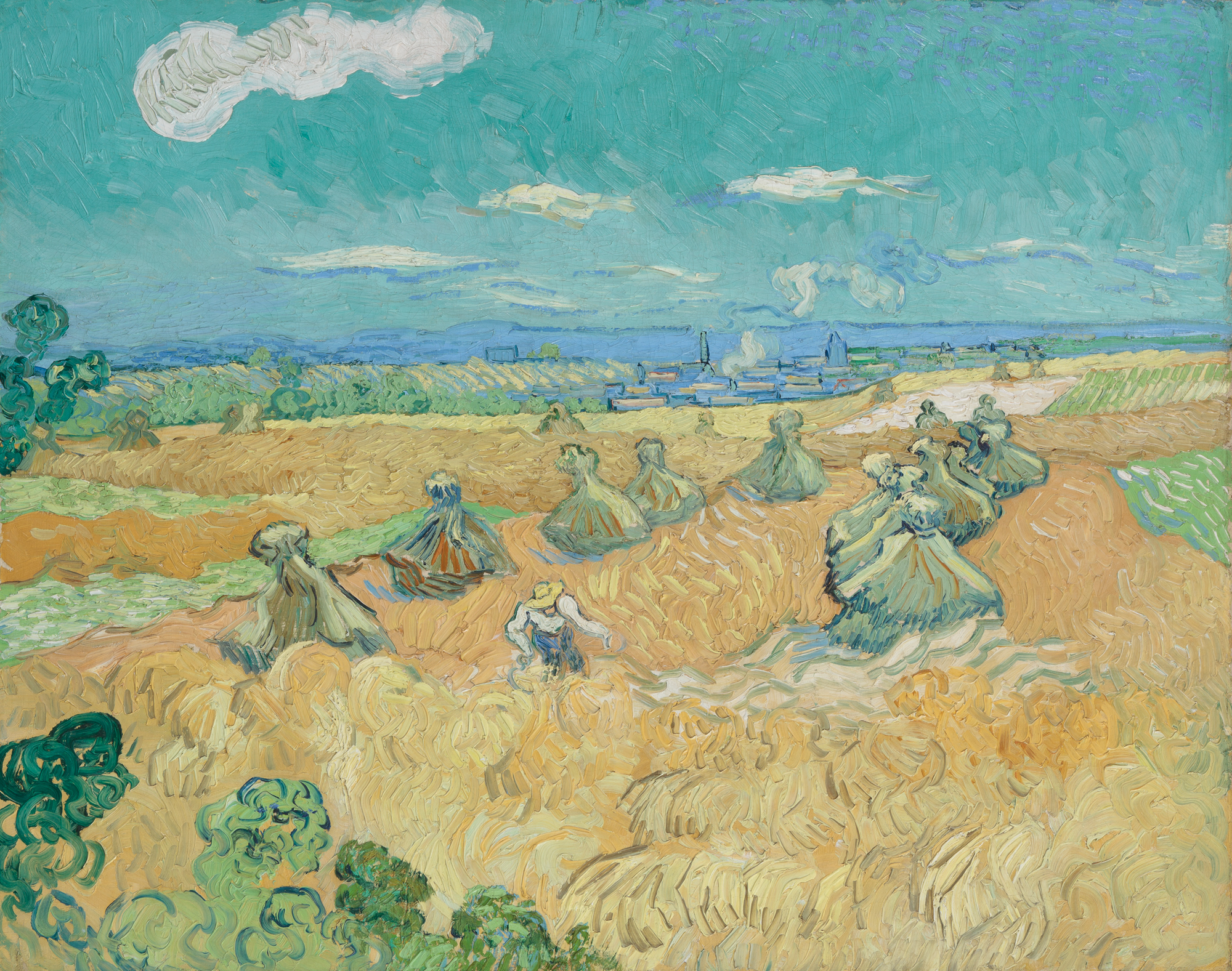 Wheat Fields with Reaper, Auvers by Vincent van Gogh; a painting of a golden field under a blue sky.