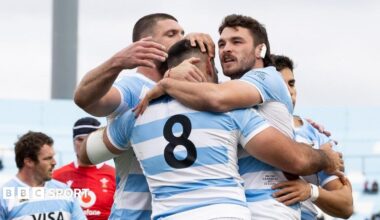 Joaquín Oviedo of Argentina celebrates with his teammates after scoring a try against Wales