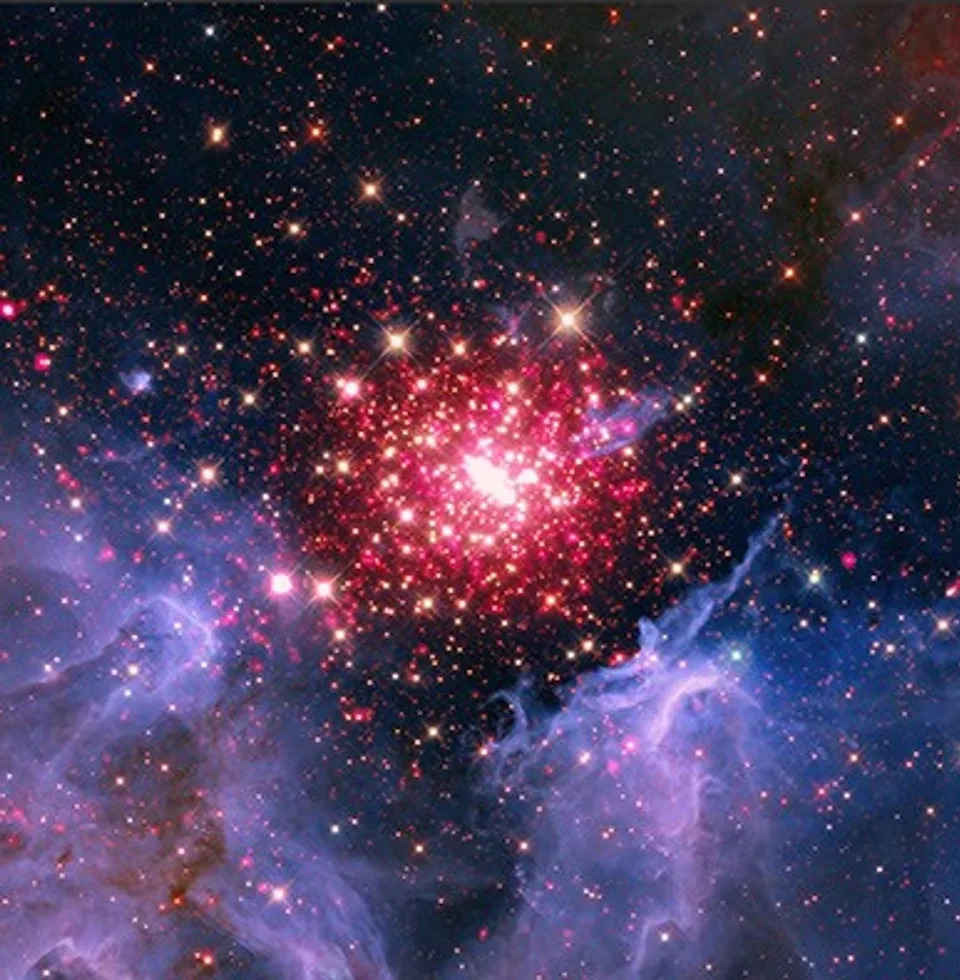 , a tight cluster of neon red and white stars packs the center of the image, dissipating as it reaches the outer edges of the panel. Sweeping in at the lower corners of the image are hazy blue clouds resembling sheets of gauze.