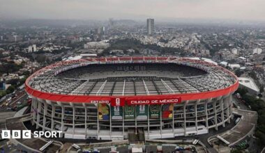 An aerial view of the exterior of the Azteca Stadium
