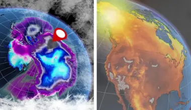 Satellite images showing Arctic cold temperatures and North American temperature rise.