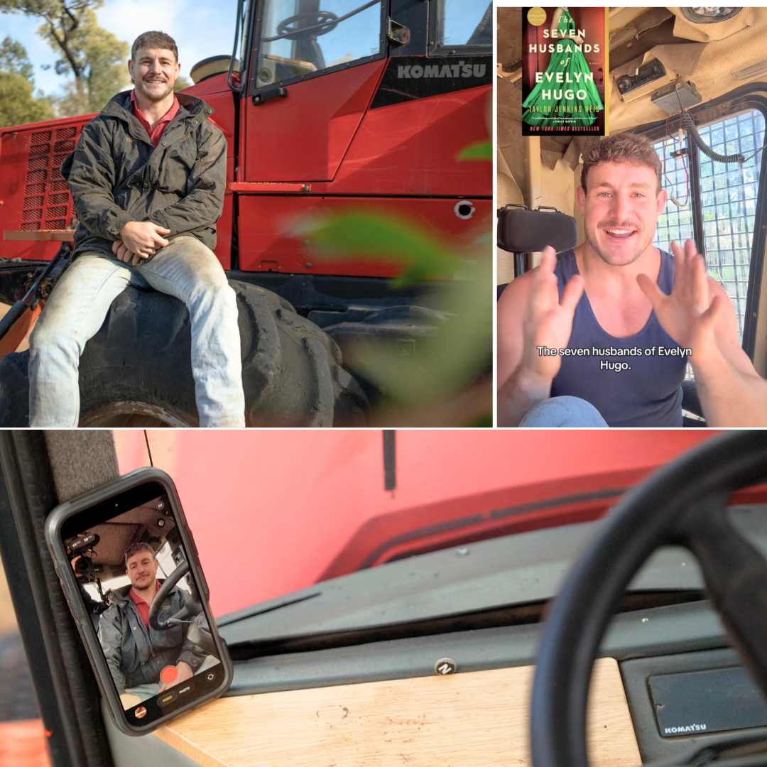 A collage of three images. A phone leans on the frame of a tractor windscreen. A still from TikTok, a man leans on red tractor