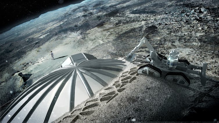 An illustration of a domed base built into the lunar surface with a construction excavator next to it.