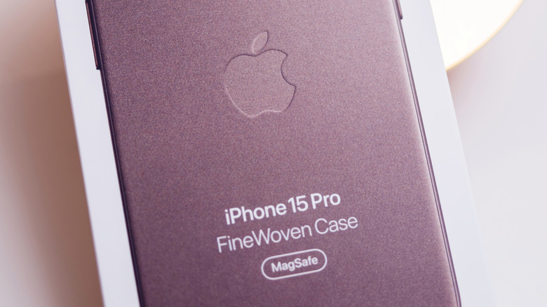 An Apple-branded FineWoven iPhone case for the iPhone 15 Pro.