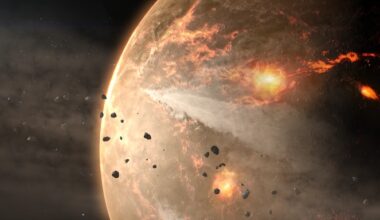 Image of a rocky planet surface with lots of points on it glowing in orange. Some debris is in orbit.