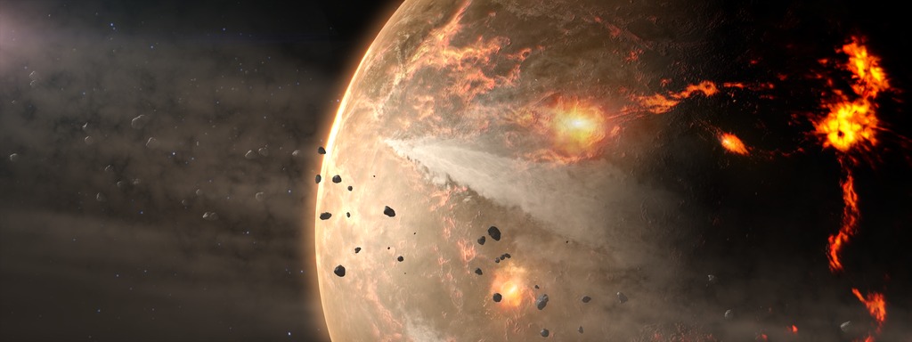Image of a rocky planet surface with lots of points on it glowing in orange. Some debris is in orbit.