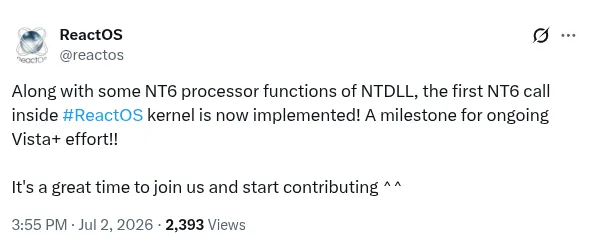 ReactOS NT6 first syscall on X