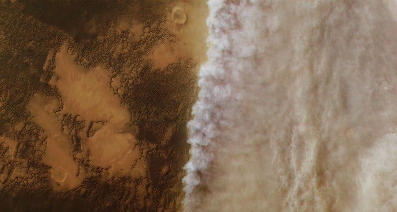 Orbital image of the global dust storm occurring in Martian Year 34 (mid-2018), which enveloped the entire Red Planet. (Credit: NASA/ESU)