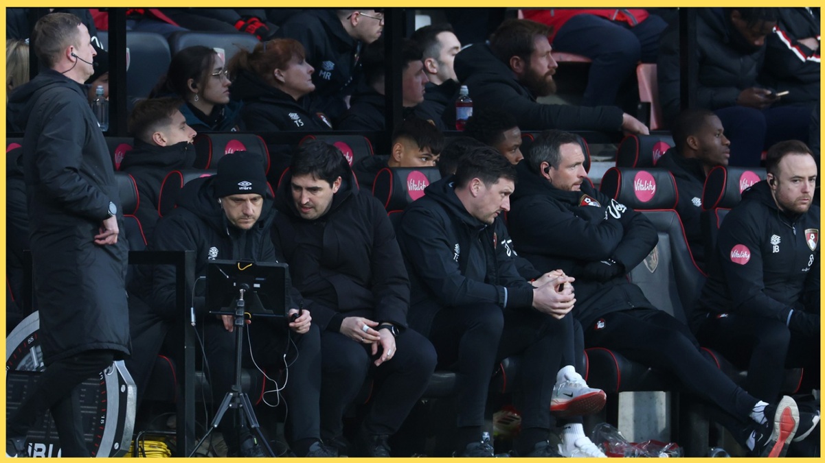 Andoni Iraola pictured with some of his coaching staff at Bournemouth