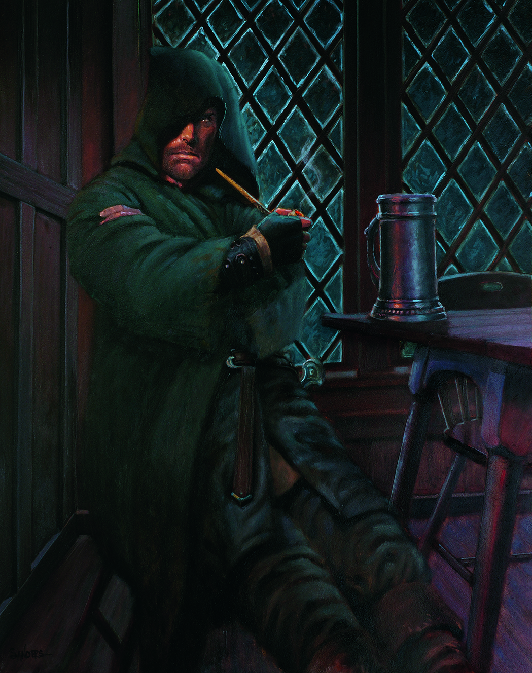 Traditional art scene showing a hooded man smoking a pipe
