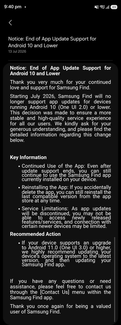 Samsung Find app notice informing users about end of update support for One UI 2 devices or lower