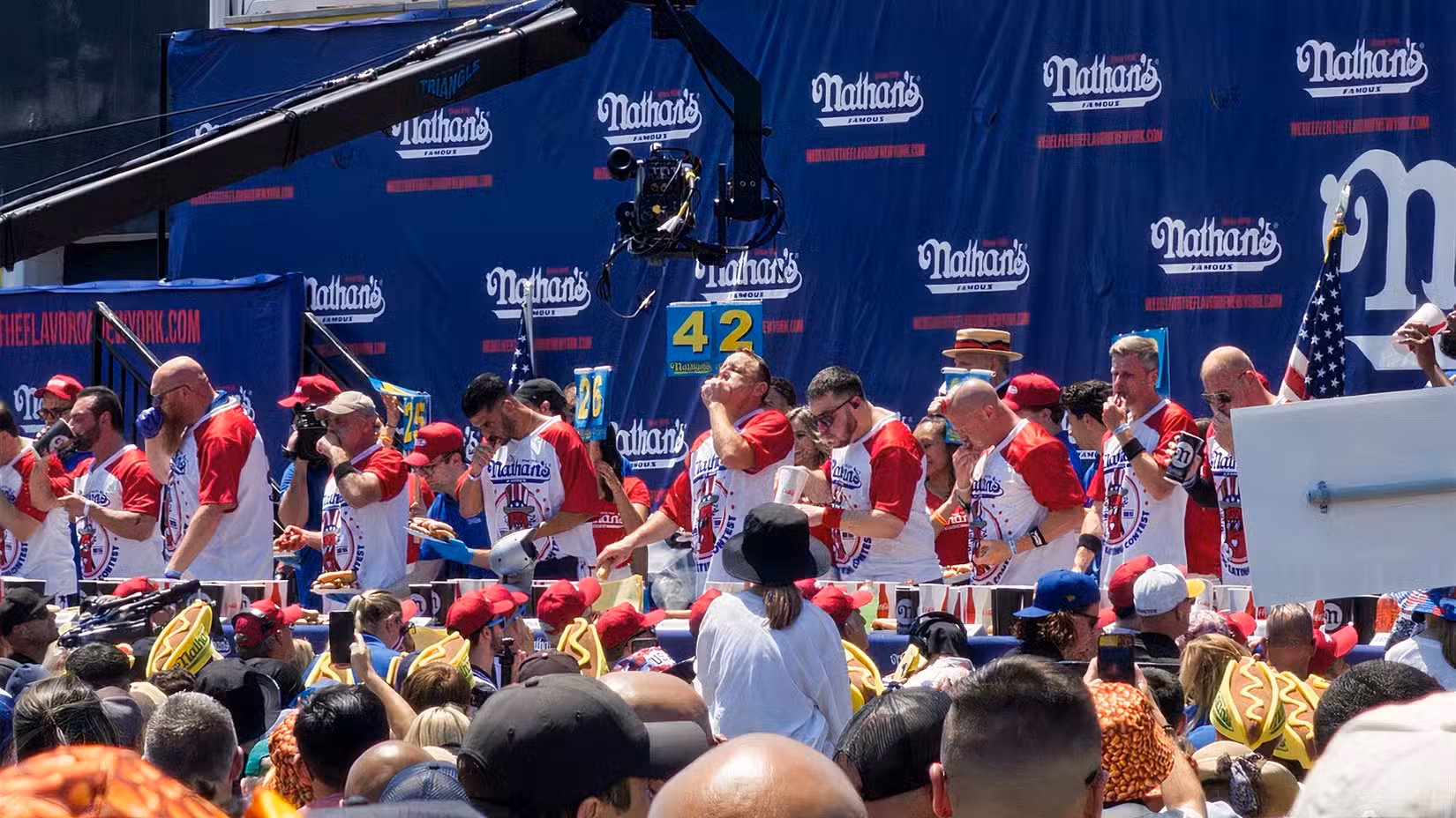 Joey Chesnut eats hot dogs in the contest.