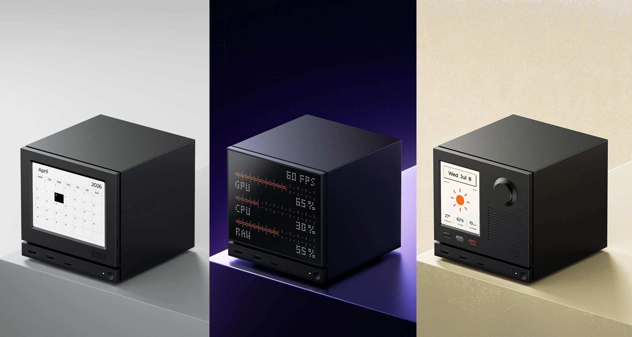 Three versions of Jsaux’s screen equipped front plates for Valve’s Steam Machine.