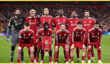 Liverpool players line up for a team photo before a Champions League fixture