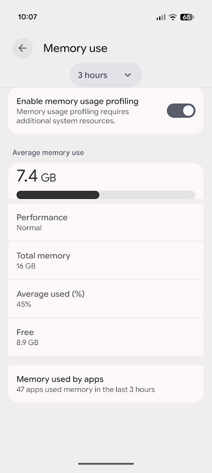 memory use tracker enabled in android settings