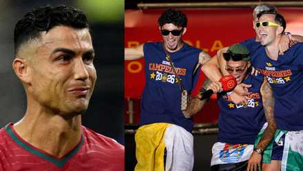 Cristiano Ronaldo sad for Portugal while Spain players including Yeremy Pino celebrate the World Cup