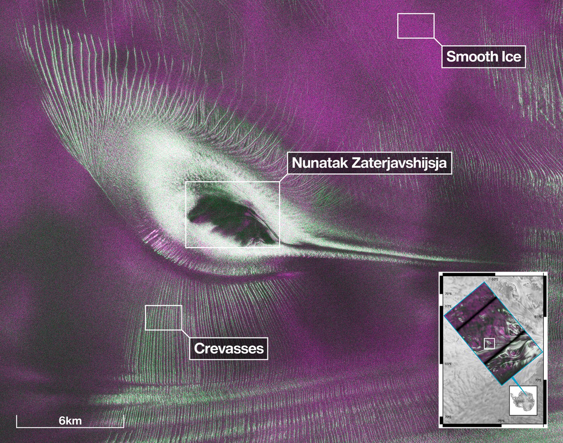 Color-coded NISAR radar image showing hummingbird-shaped nunatak Zaterjavshijsja in East Antarctica