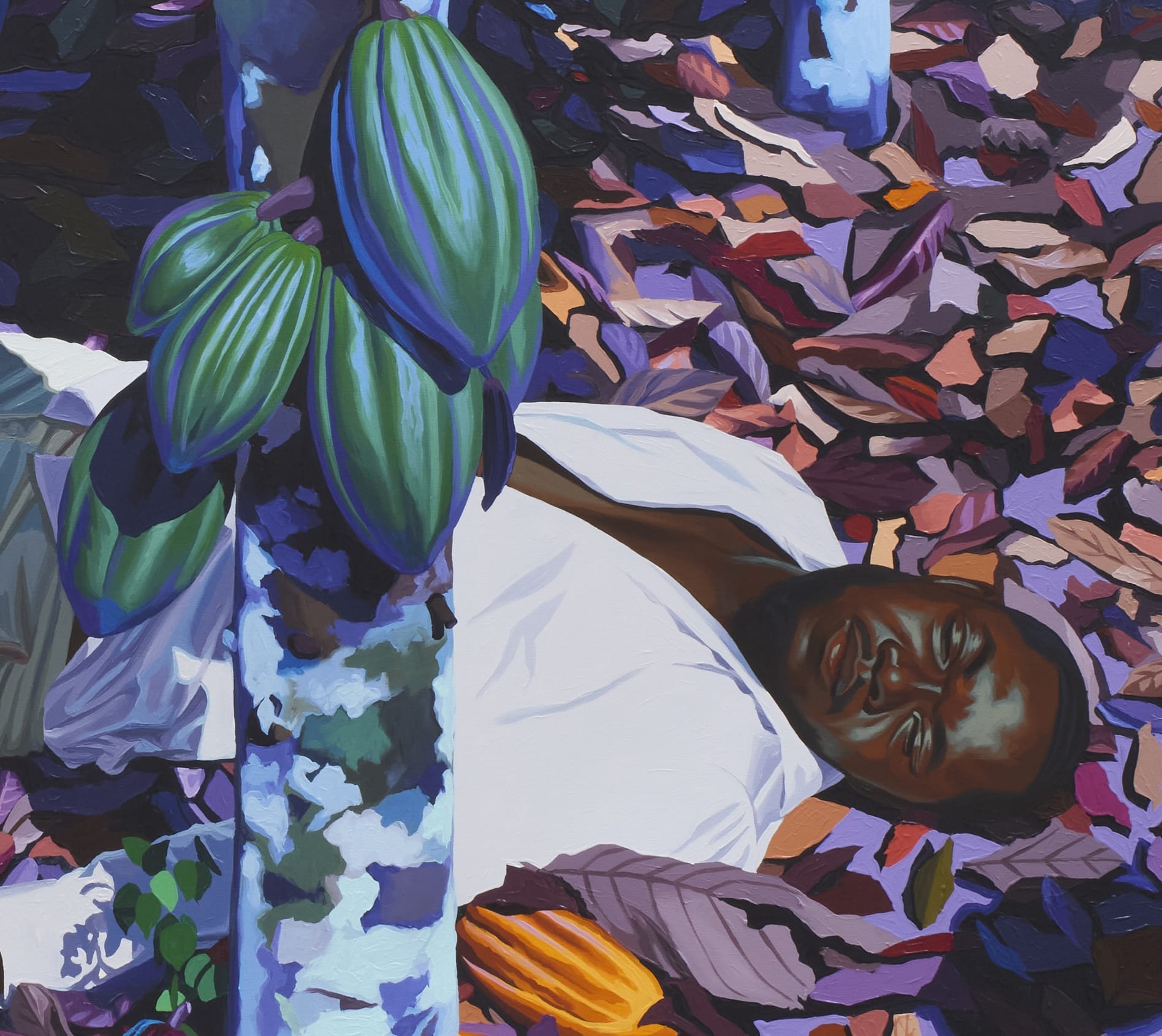 a detail of an acrylic painting by Marc Padeu of a Black man laying on the ground, amid leaves and a bunch of melons
