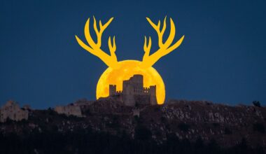 A yellow-orange full moon with antler-like horns rises behind a castle on a hillside in a dark sky.