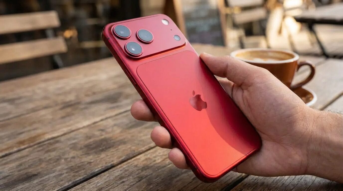 A hand holding a red smartphone with three rear cameras and an Apple logo, on a wooden table next to a cup of coffee.