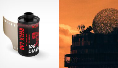 A split image: on the left, a roll of RFLEX LAB 100 DIABLO film; on the right, an orange-tinted photo of a building with trees on its roof and a large geodesic dome in the background.