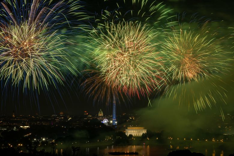 Fireworks light the sky over Washington, DC, just after midnight on July 5, 2026.
