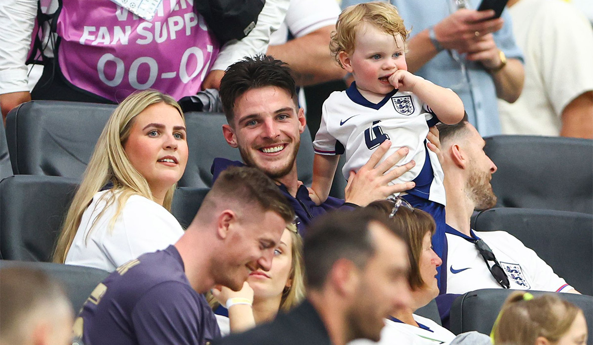 Declan Rice of England and their partner Lauren Fryer, Denmark v England, UEFA European Championship 2024. Pic: Shutterstock