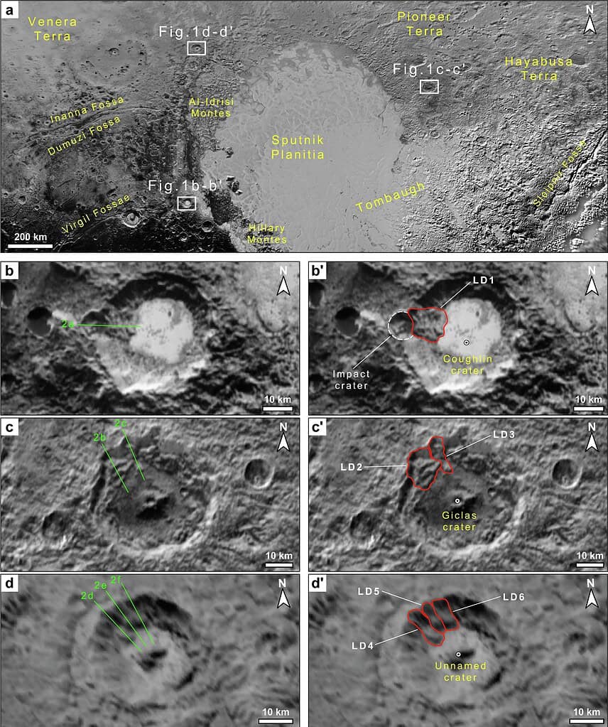 Detailed images of Mars surface, craters, and geological features from ZME Science.