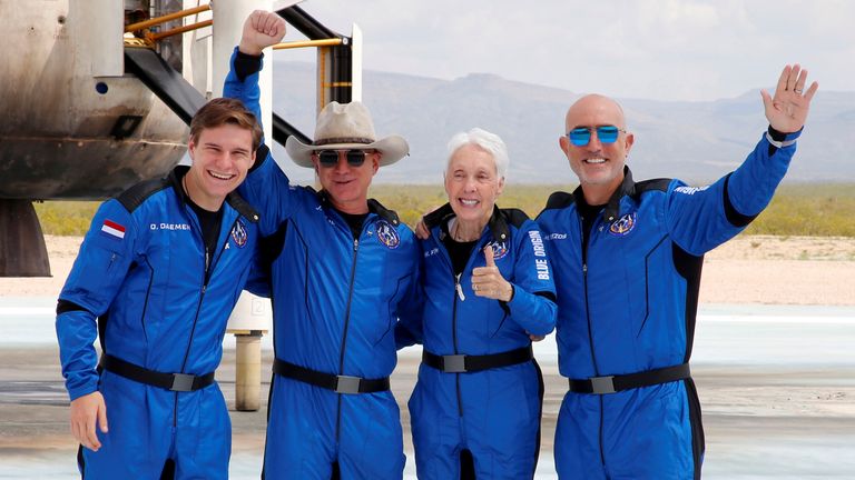 Ms Funk (centre right) travelled to space with Oliver Daemen, Jeff Bezos and Mark Bezos (from left). Pic: Reuters