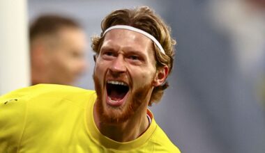 Bodo Glimt's Kasper H..gh celebrates after scoring a goal against Sturm Graz during a UEFA Champions Leauge soccer match, Wednesday, Aug. 20, 205, in Bodo, Norway. (Mats Torbergsen/NTB Scanpix via AP)