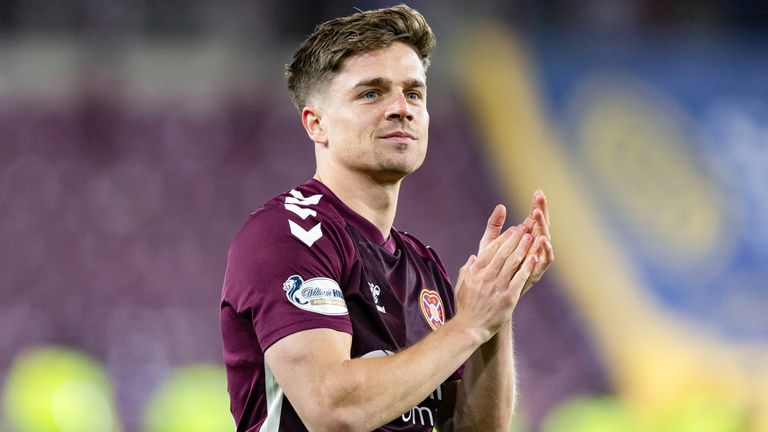 EDINBURGH, SCOTLAND - MAY 13: Hearts' Cammy Devlin applauds fans at full time during a William Hill Premiership match between Heart of Midlothian and Falkirk at Tynecastle Park, on May 13, 2026, in Edinburgh, Scotland. (Photo by Ross Parker / SNS Group)