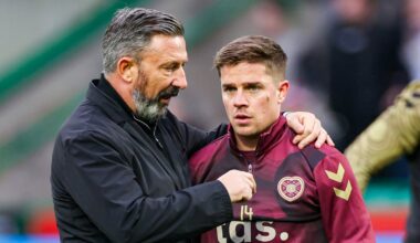 EDINBURGH, SCOTLAND - DECEMBER 27: Hearts' Cammy Devlin (R) and Head Coach Derek McInnes during a William Hill Premiership match between Hibernian and Heart of Midlothian at Easter Road, on December 27, 2025, in Edinburgh, Scotland. (Photo by Roddy Scott / SNS Group)