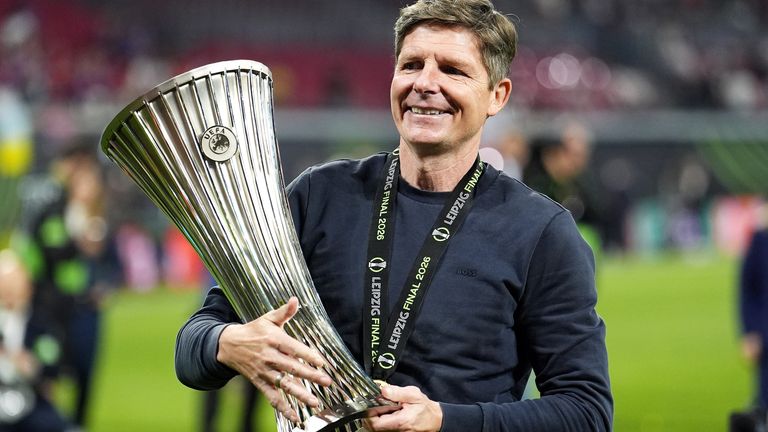 Crystal Palace manager Oliver Glasner celebrates with the UEFA Conference League trophy