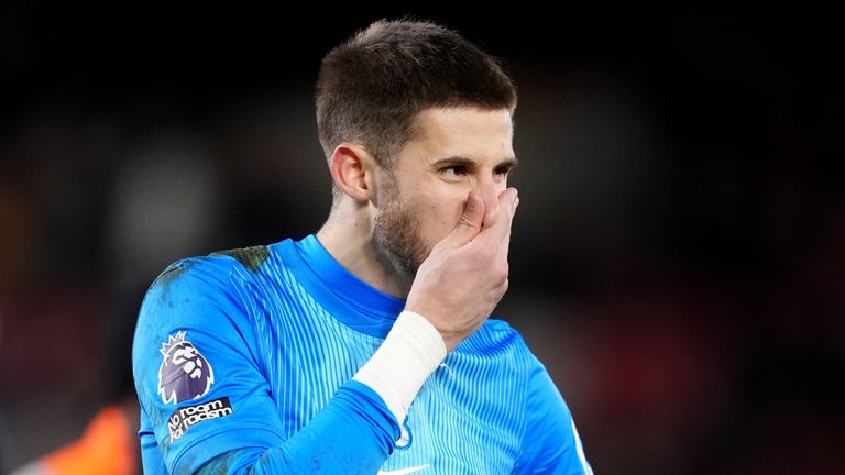 Tottenham Hotspur goalkeeper Guglielmo Vicario reacts
