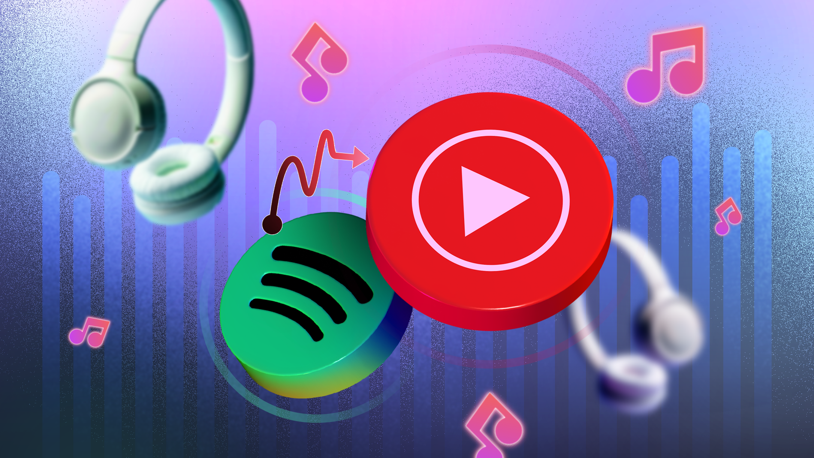 Spotify and YouTube Music floating icons with music and headphones