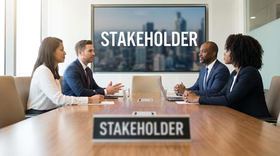 Four business professionals sit at a conference table with a STAKEHOLDER sign and presentation screen in a modern office.